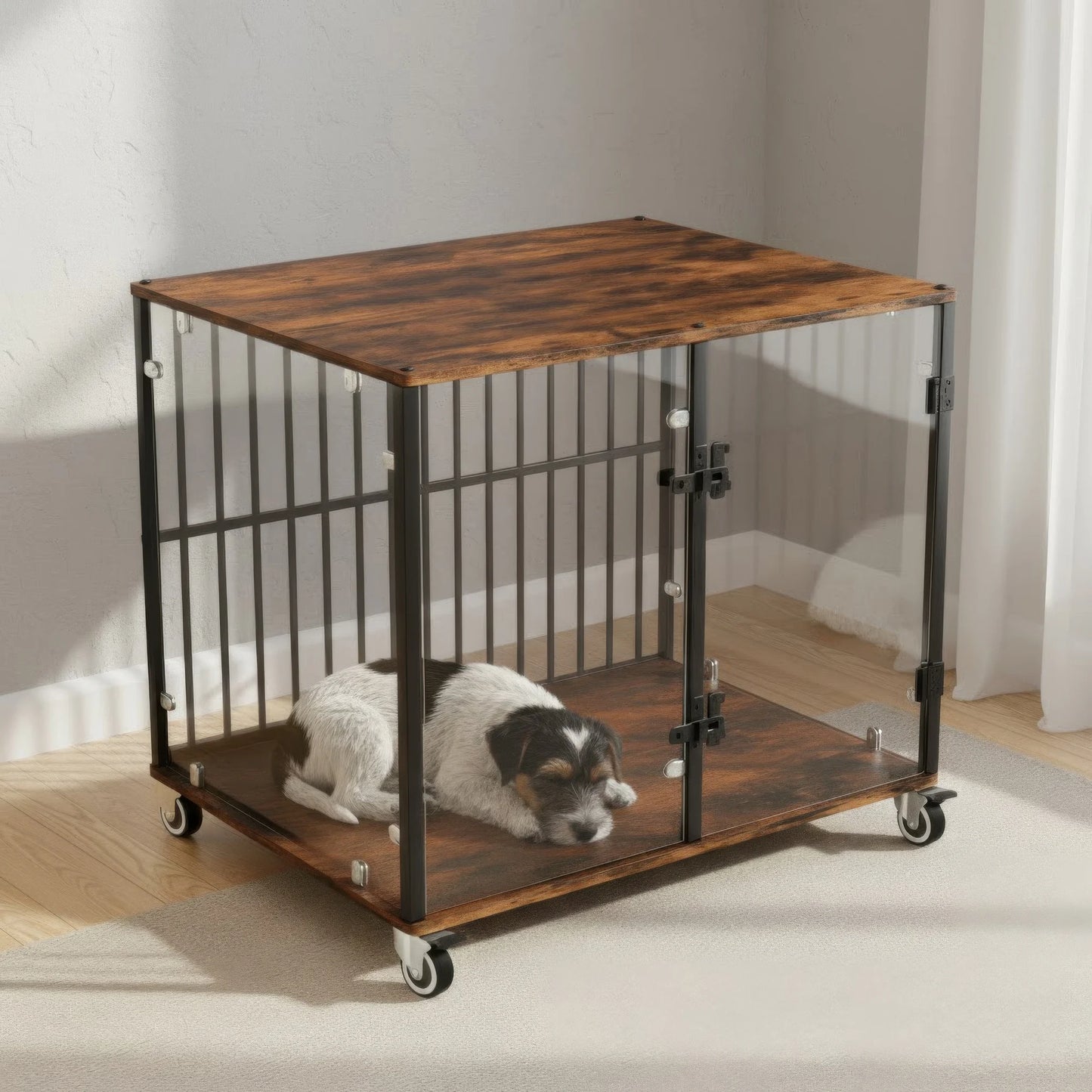 BINGOPAW Tempered Glass Dog Crate Side Table With Wheels