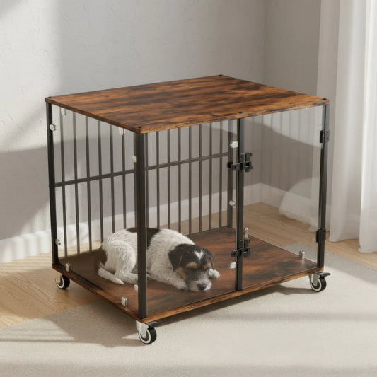 BINGOPAW Tempered Glass Dog Crate Side Table With Wheels