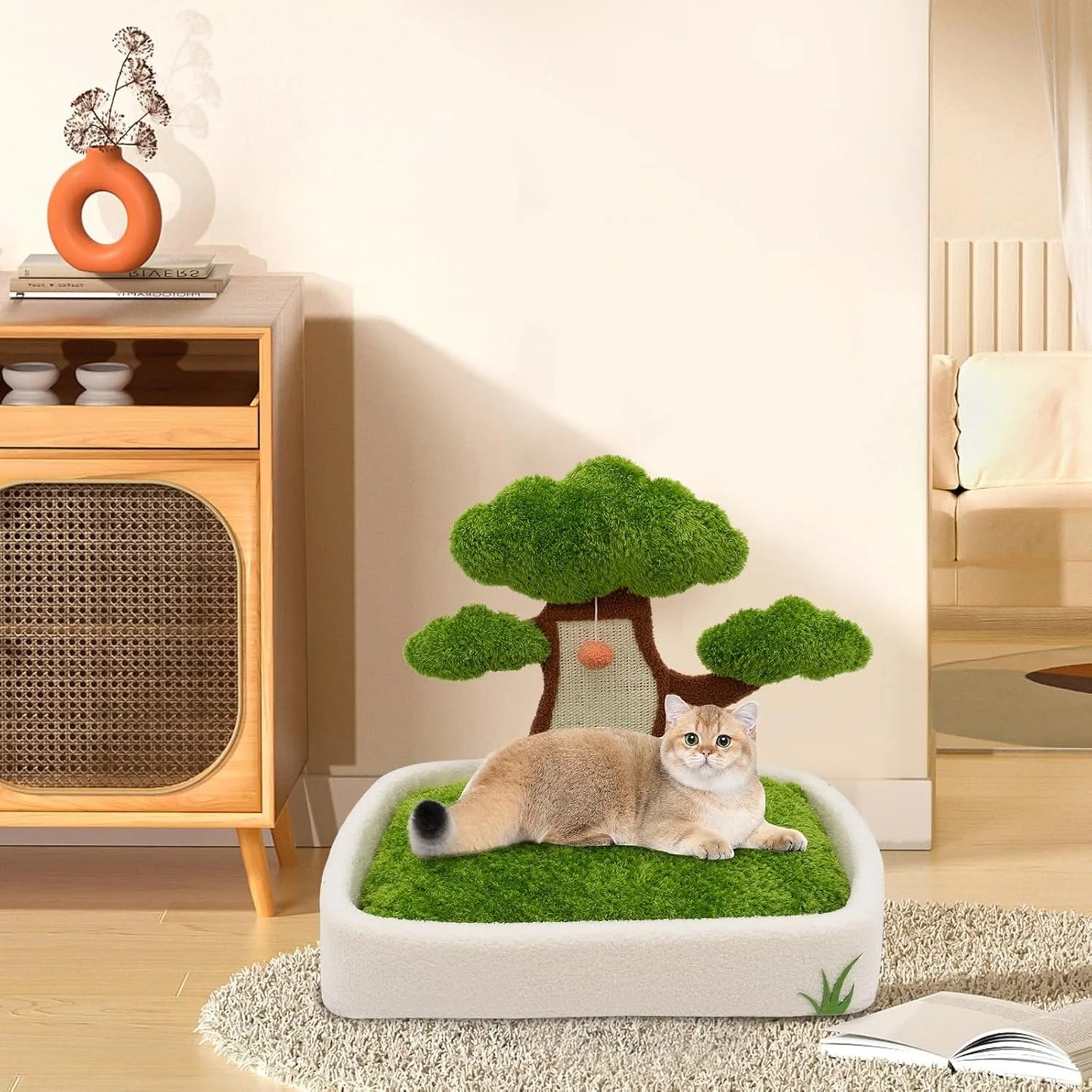 Cat House With Pine Tree Scratching Post And Plush Bed