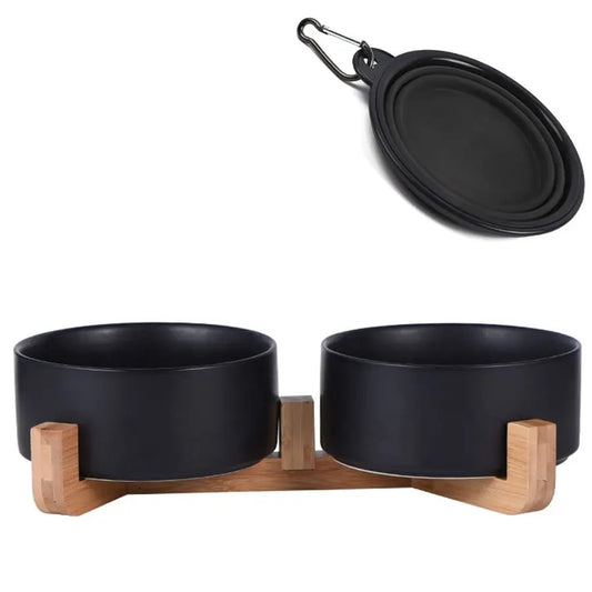 XMSJ Non-Slip Wood Stand Ceramic Pet Bowls Set