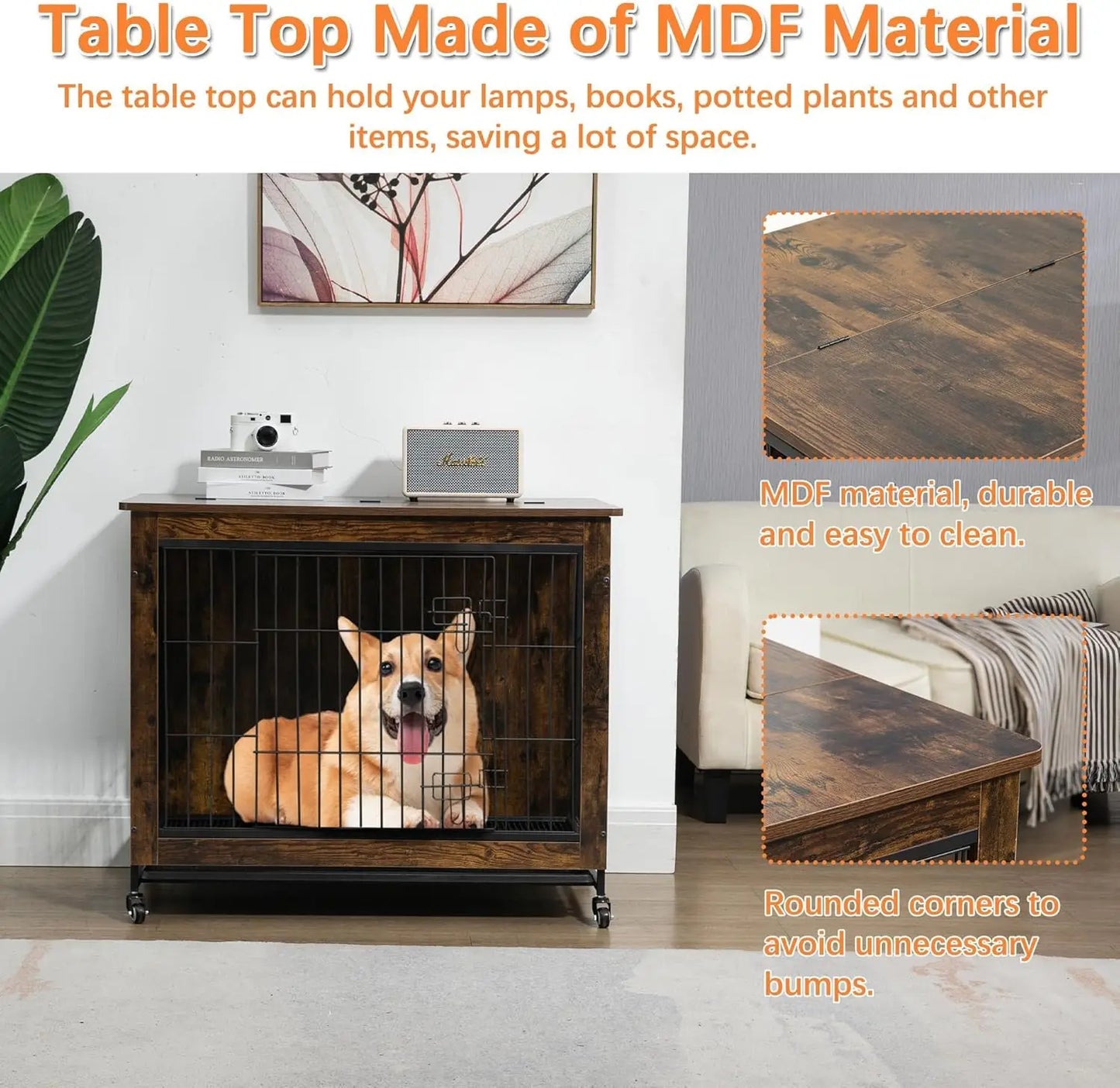 HiMISS Rustic Dog Crate Furniture With Wheels End Table