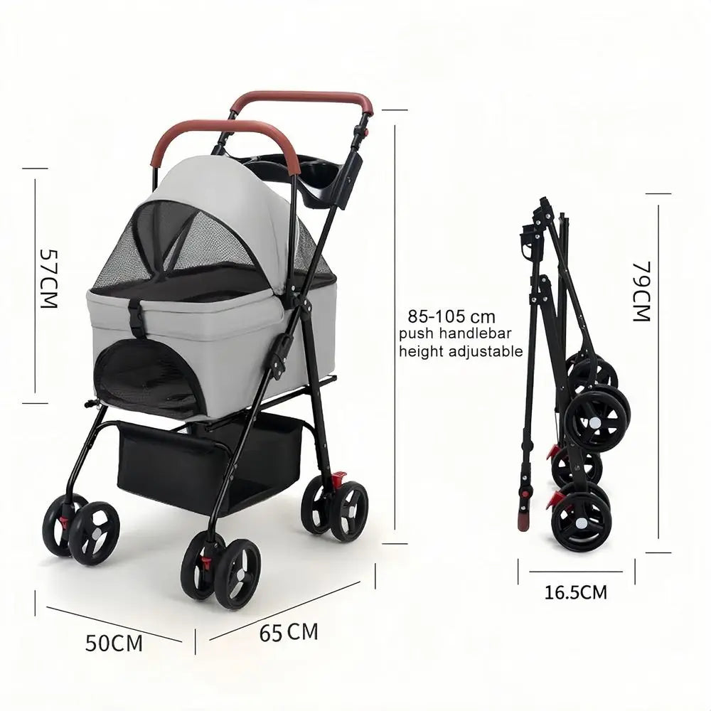 Folding 4-Wheel Pet Stroller with Storage, Adjustable Handle, and Carrier for Small Dogs and Cats - Ideal for Travel (Grey)