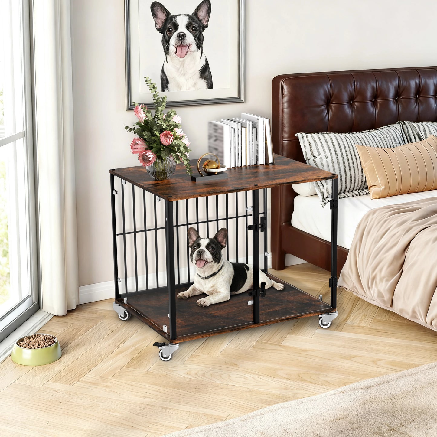 BINGOPAW Tempered Glass Dog Crate Side Table With Wheels