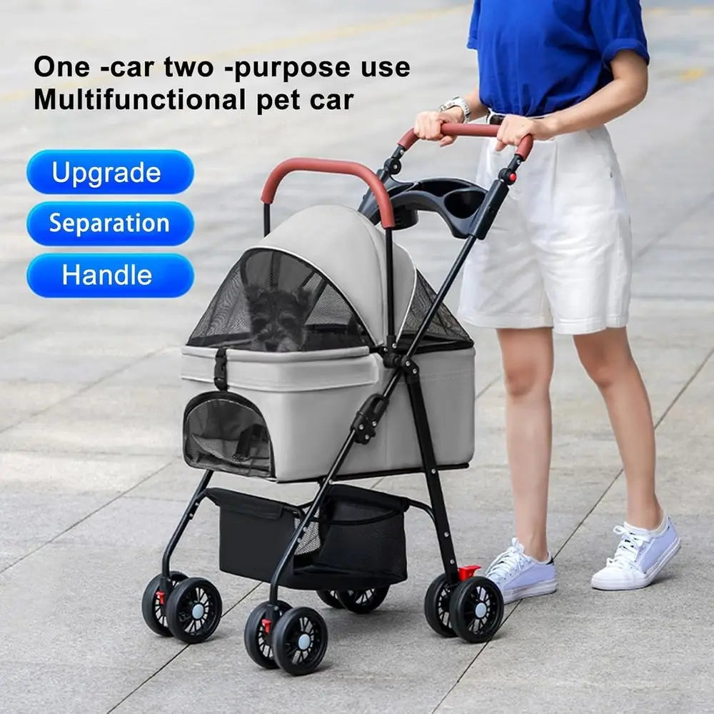 Folding 4-Wheel Pet Stroller with Storage, Adjustable Handle, and Carrier for Small Dogs and Cats - Ideal for Travel (Grey)