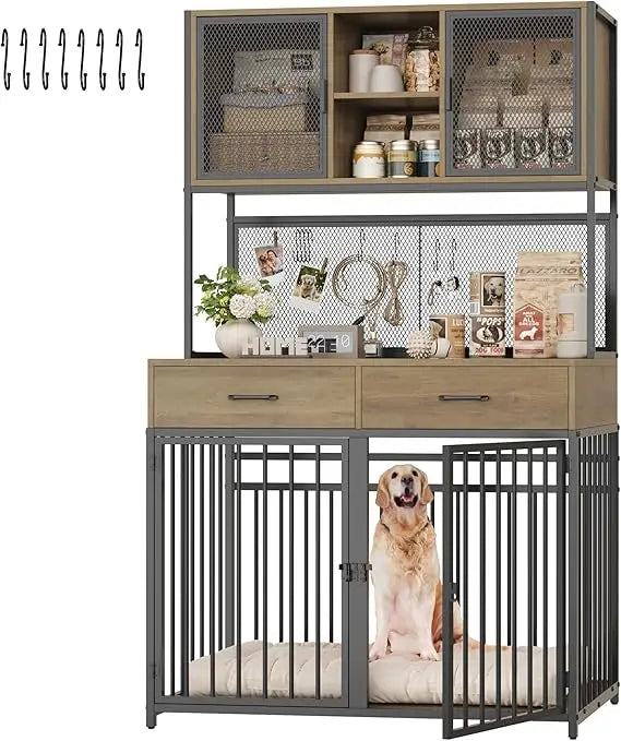 TIFICY Wood Dog Crate With Hutch And Drawer Storage
