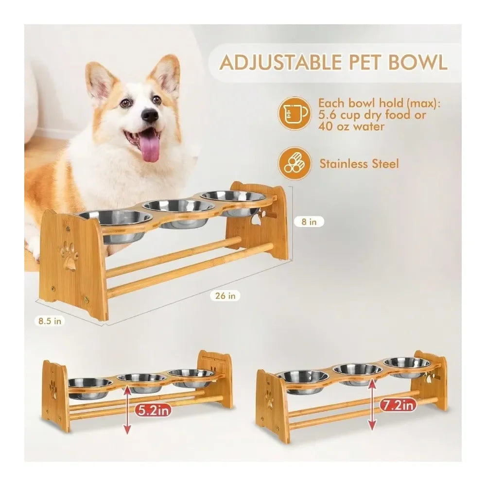 Adjustable Bamboo Raised Dog Bowl Set For Cats And Dogs