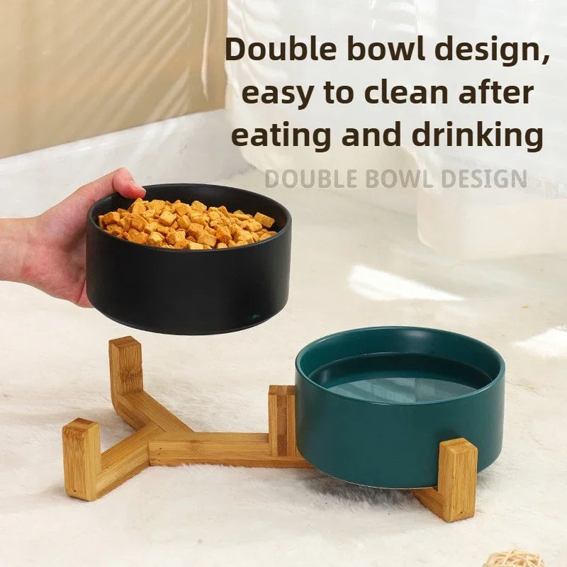 Ceramic Pet Bowl With Elevated Wood Stand No Spill