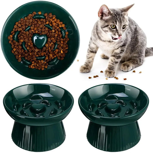 Ceramic Elevated Cat Slow Feeder Bowls Set